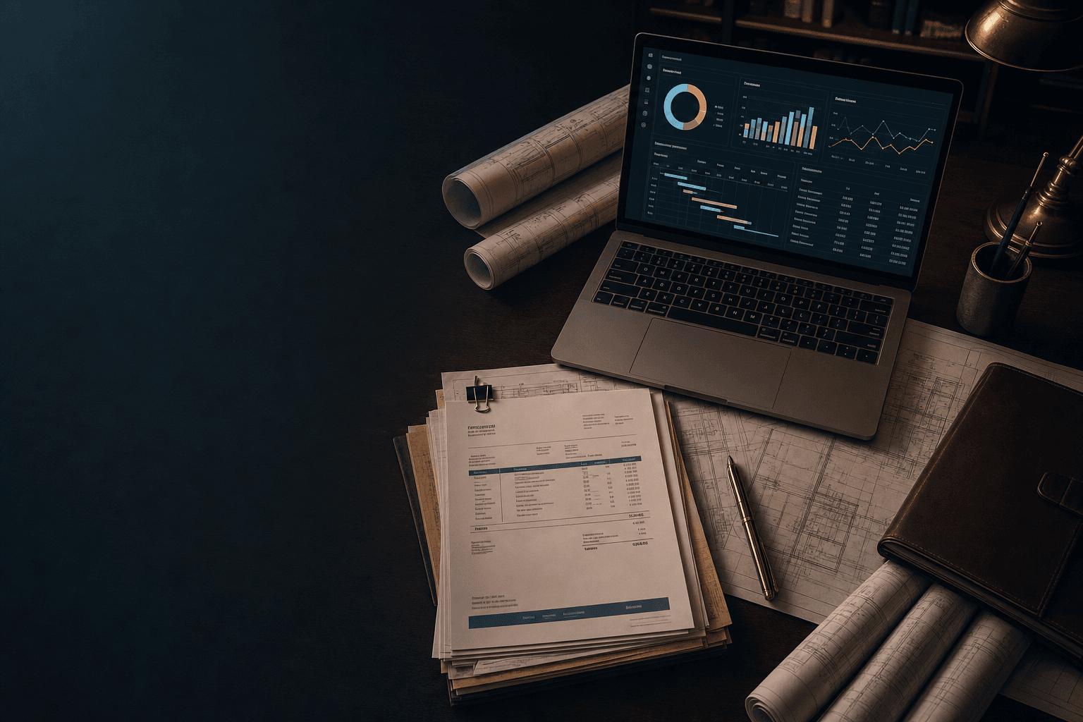 Construction project records, blueprints, and budget analysis on a desk