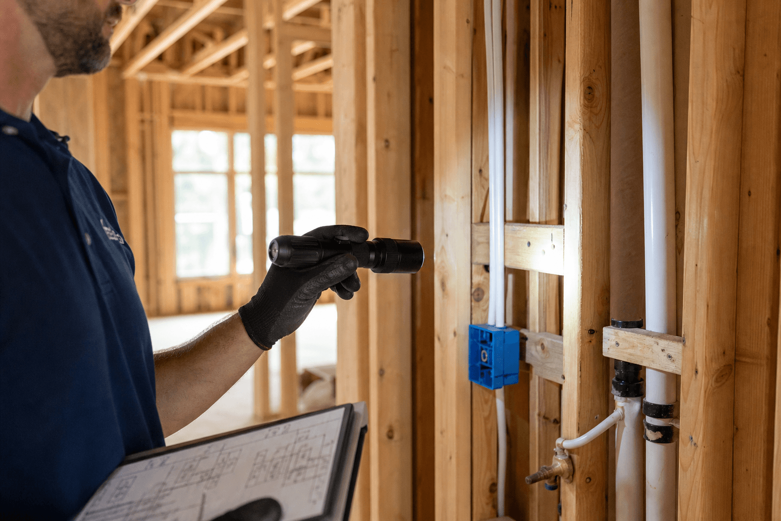 Certified building inspector reviewing rough-in work on site