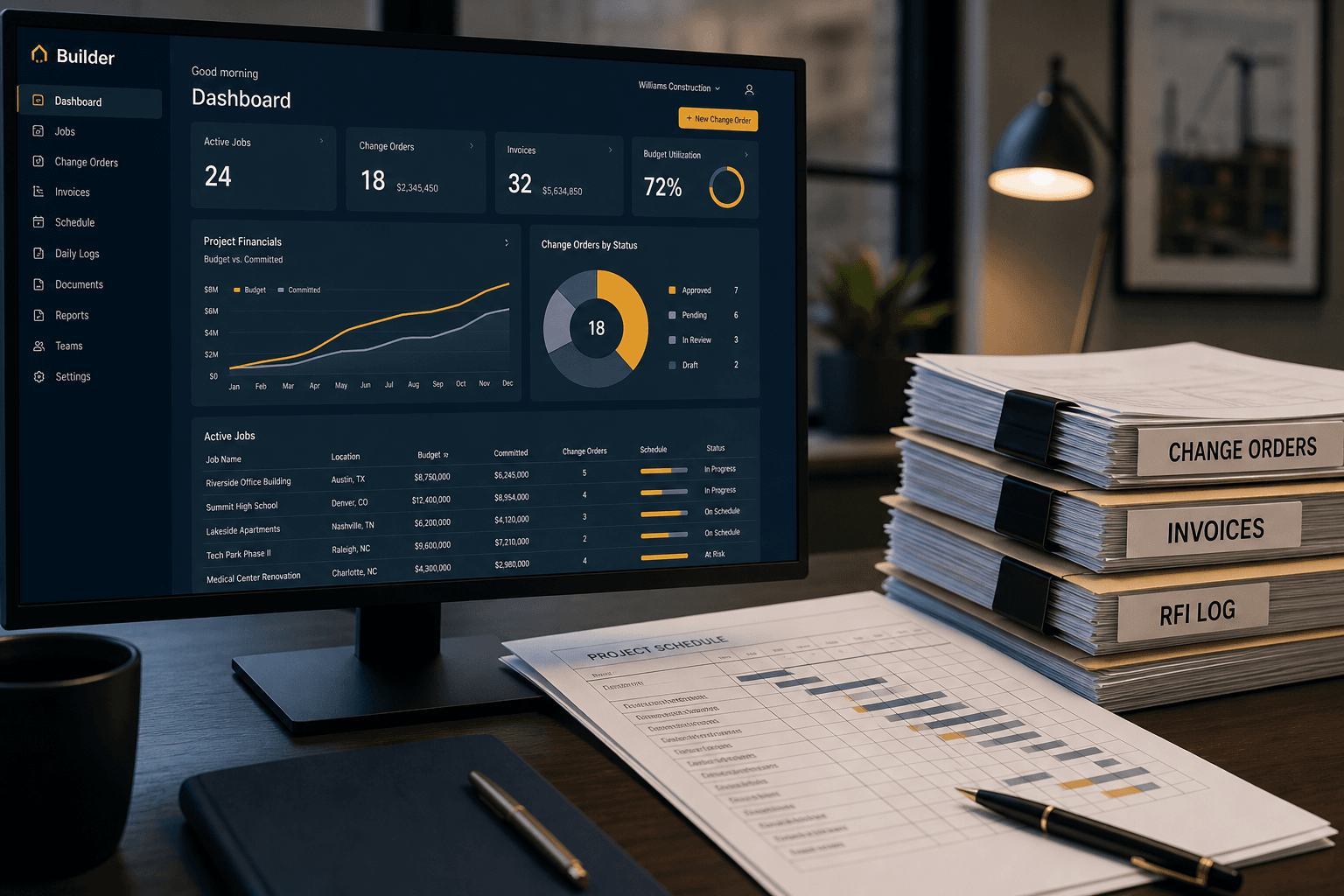 Builder software and project documents organized into one monitoring view